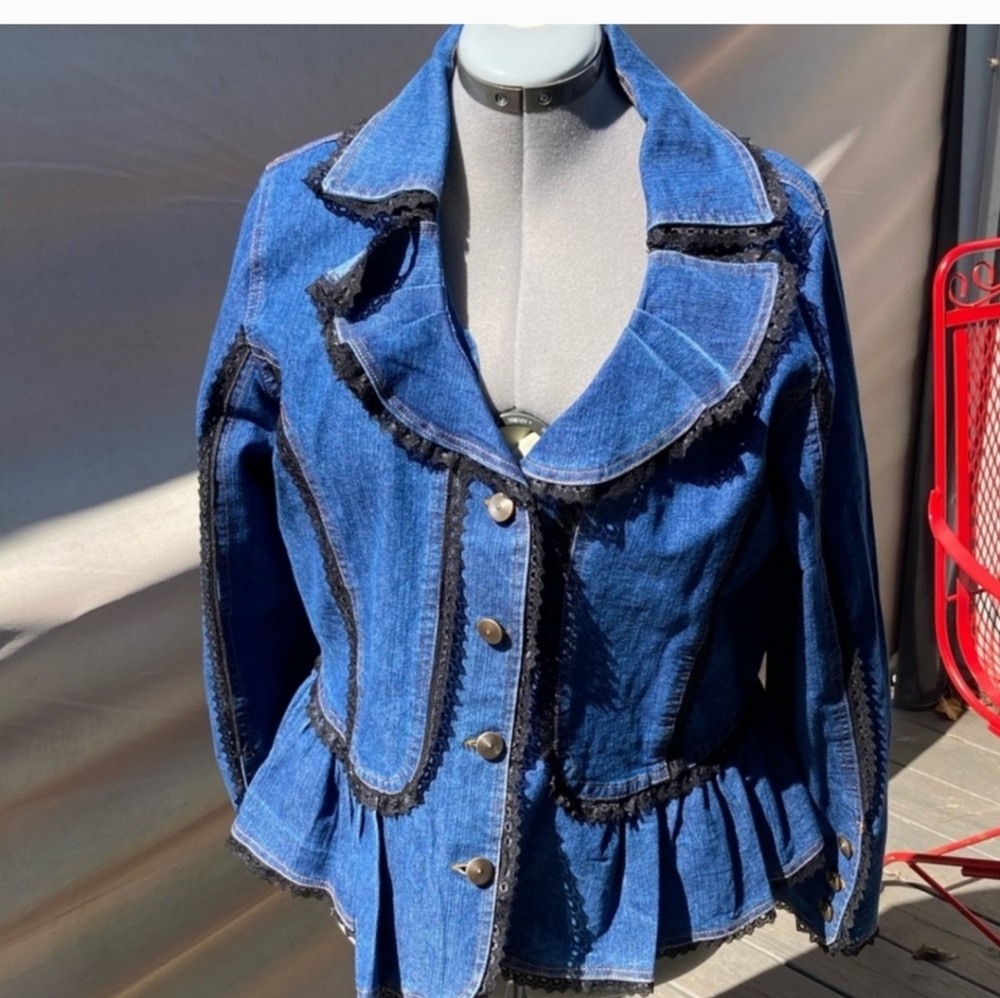 The Pyramid Collection Sexy Denim Jean Peplum Jacket Shacket Black Lace Size 1X